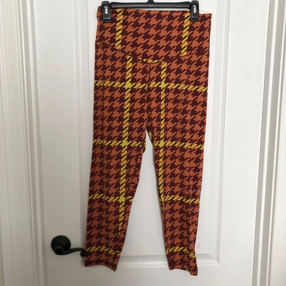 Offline By Aerie High-Rise Leggings XL Houndstooth Plaid Pattern Orange & Yellow